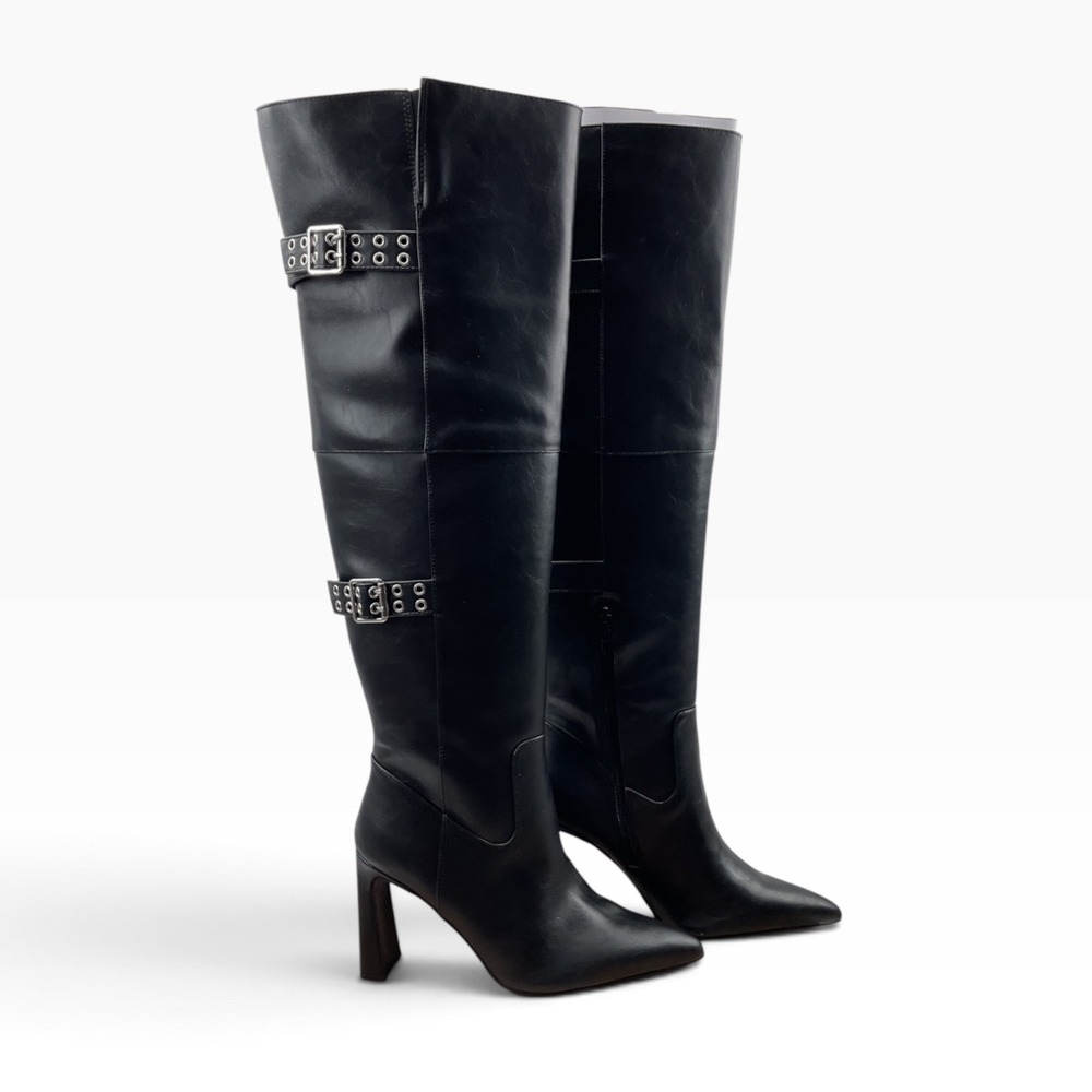 Wild Pair Womens Black Faux Leather Over The Knee Buckle Moto Boots Pointed Toe